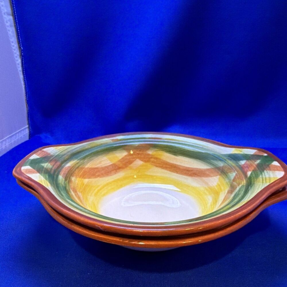 Pristine Set of 2 Vernonware Homespun Chowder Bowls - Hand Painted MCM Plaid